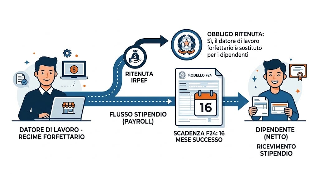 regime forfettario e ritenute sui dipendenti: schema del datore di lavoro che trattenendo l'IRPEF dallo stipendio la versa allo Stato con modello F24 entro il 16 del mese