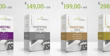 Confronto prezzi software gestionali Euromedian Maestro: Pro (65€), Silver (149€), Gold (199€) e Goldnet (298€) + IVA per magazzino, fatturazione e contabilità PMI.