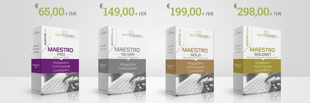 Confronto prezzi software gestionali Euromedian Maestro: Pro (65€), Silver (149€), Gold (199€) e Goldnet (298€) + IVA per magazzino, fatturazione e contabilità PMI.