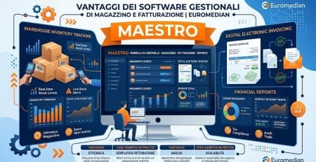 Sintesi visiva dei vantaggi dei software gestionali di magazzino e fatturazione Euromedian