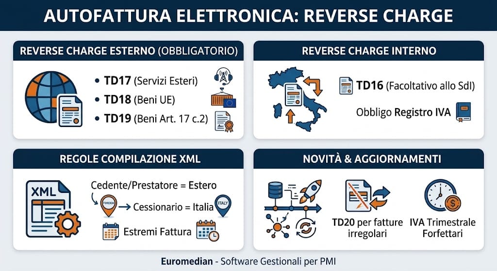 autofattura elettronica e reverse charge: codici TD16, TD17, TD18, TD19, regole di compilazione XML e novità 2024-2026 per la gestione del ciclo passivo.