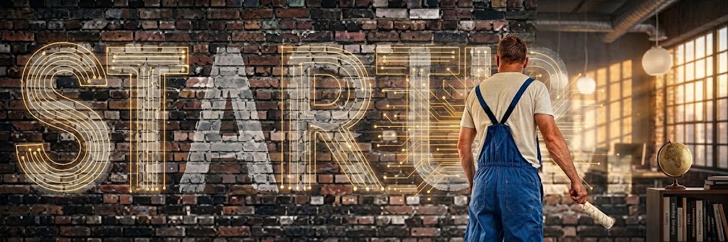 n uomo in salopette che dipinge la scritta 'STARTUP' su un muro di mattoni, con linee di circuito digitale dorate e un ufficio moderno sullo sfondo, a simboleggiare la trasformazione digitale.