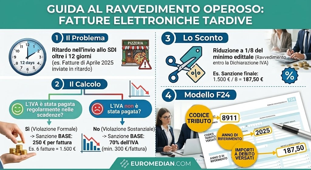 Guida al ravvedimento operoso per fatture elettroniche inviate in ritardo: calcolo sanzioni ridotte e facsimile compilazione modello F24 erario.