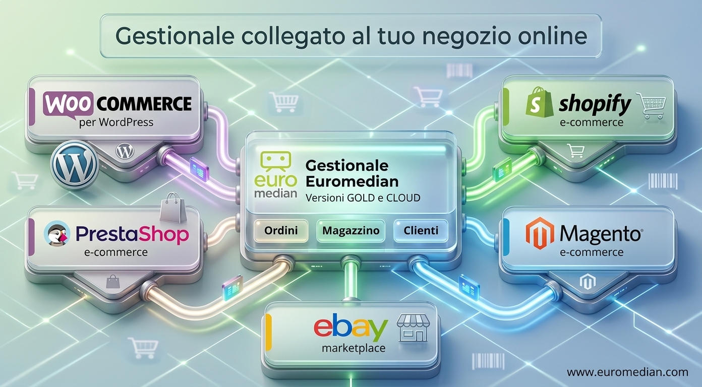 integrazione-gestionale-woocommerce-shopify-prestashop-ebay Gestionale Euromedian Gold e Cloud collegato a WooCommerce, Shopify, PrestaShop, Magento ed eBay: ordini, magazzino, prodotti