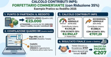 calcolo dei contributi INPS dovuti da un commerciante forfettario con lo sconto del 35% e compilazione del quadro RR.