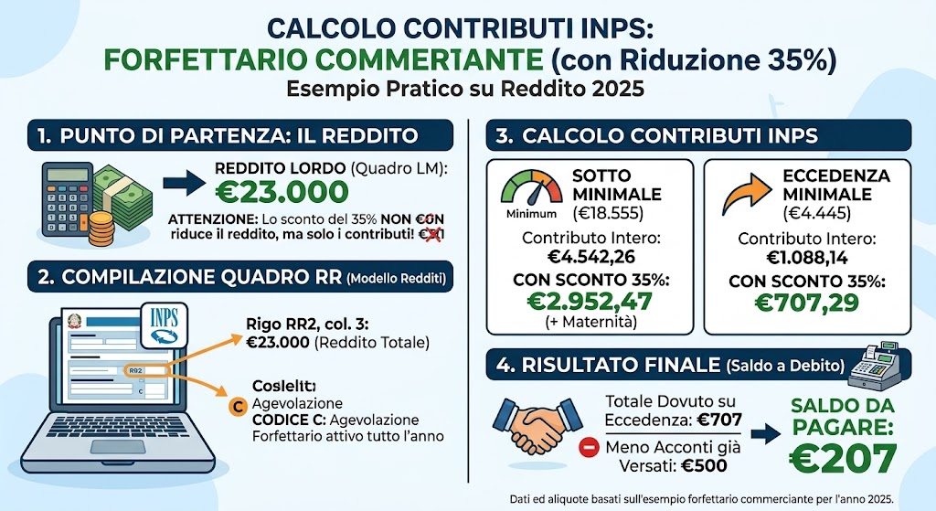 calcolo dei contributi INPS dovuti da un commerciante forfettario con lo sconto del 35% e compilazione del quadro RR.