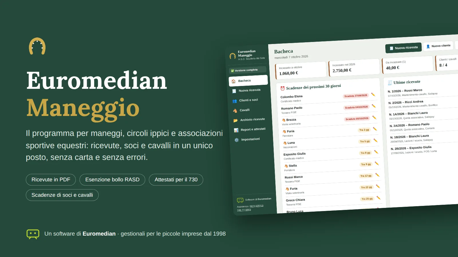 Euromedian Maneggio: la bacheca del programma per maneggi con scadenze di soci e cavalli, incassi e ultime ricevute