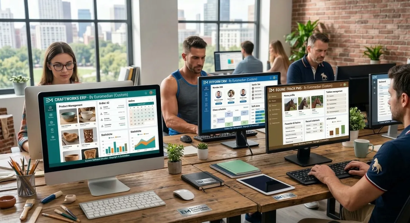 Gestionali su misura Euromedian: postazioni di lavoro con software personalizzati per artigianato, palestra e maneggio